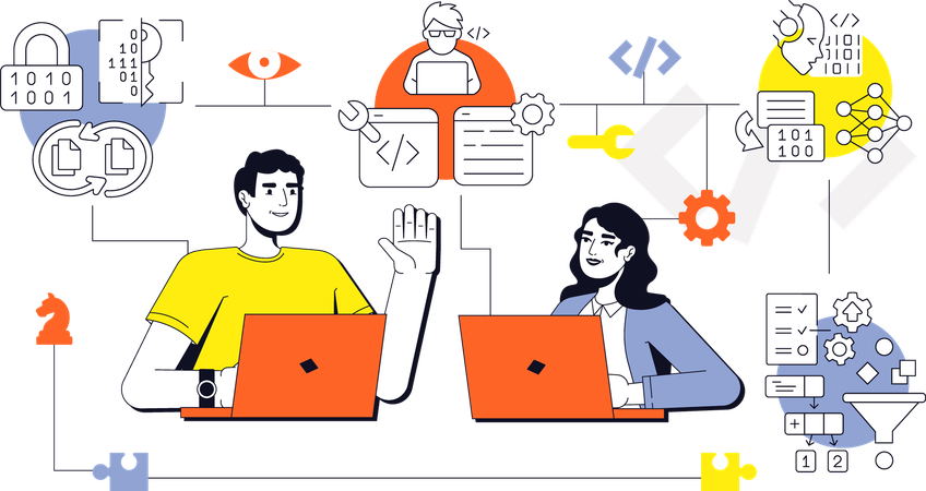 Man and Woman discuss on Coding basics  Illustration