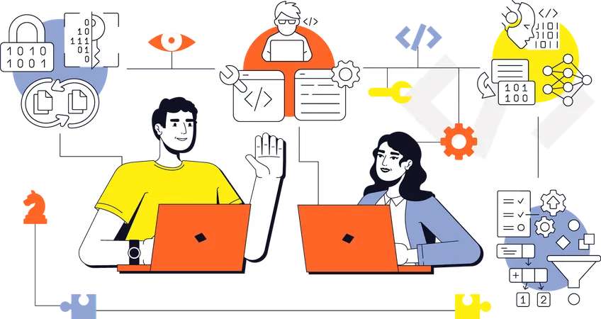 Man and Woman discuss on Coding basics  Illustration