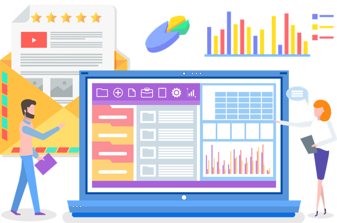 Man and woman discussing business graph and diagram report on big laptop  Illustration