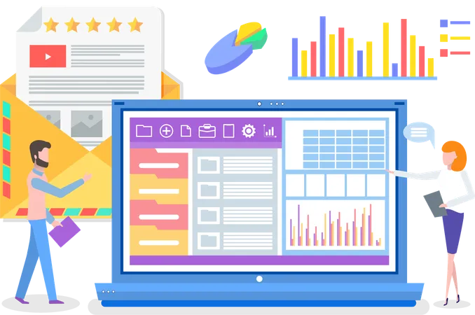 Man and woman discussing business graph and diagram report on big laptop  Illustration