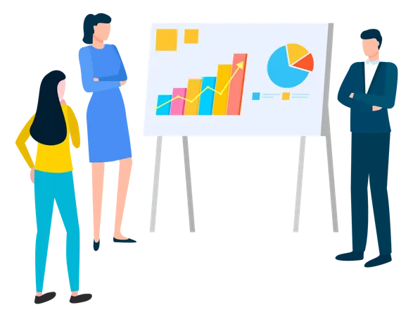 Man And Woman Discussing Business Issues Successful Managers Near Board With Graphs And Charts Vector People Writing Business Plan Meeting Of Analytics Illustration