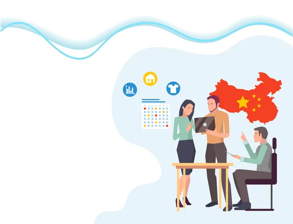 Business With China Search Niche Landing Page Man And Woman Discussing International Business Teamwork Chinese Map Symbol And International Collaboration Website Or Webpage Template Vector Illustration