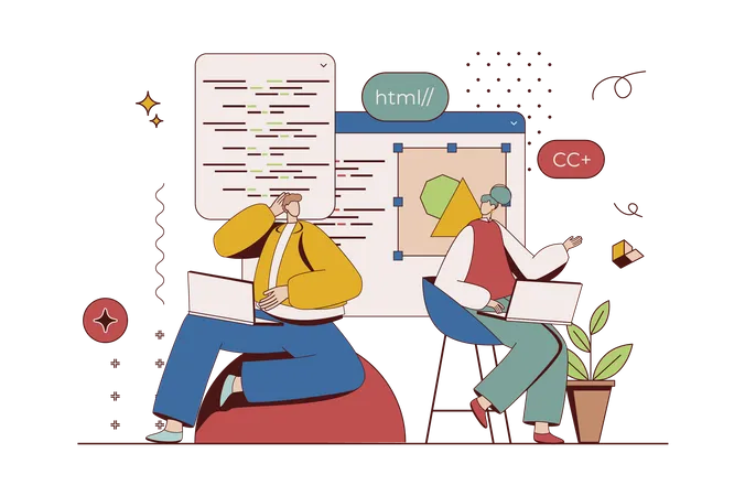 Man and woman discussing project, working with abstract code  Illustration