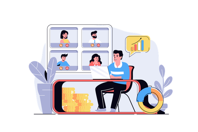Man and woman discussing tasks at online meeting  Illustration