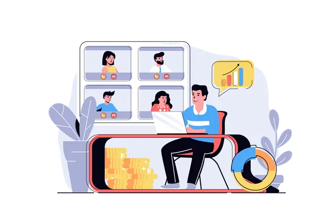 Man and woman discussing tasks at online meeting  Illustration