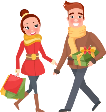 Man And Woman Do Shopping Together Attractive Female And Handsome Male With Presents And Bags Christmas Holidays Celebration Cartoon People Isolated Illustration