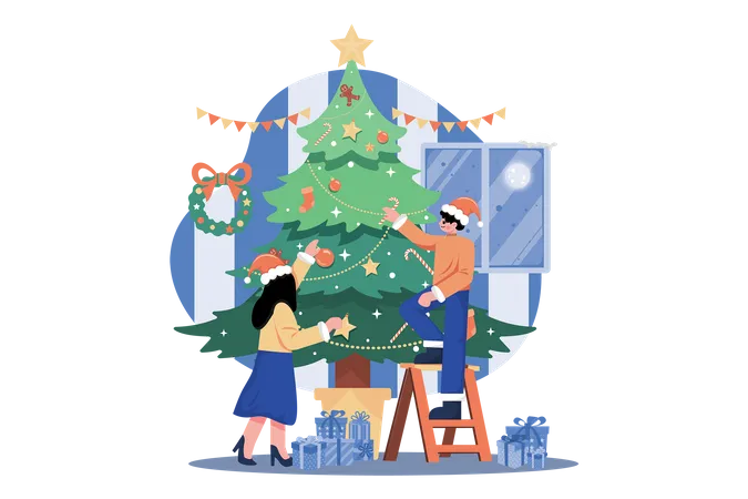 Man and woman doing Christmas tree decoration  Illustration
