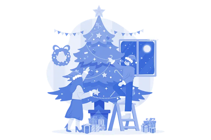 Man and woman doing Christmas tree decoration  Illustration