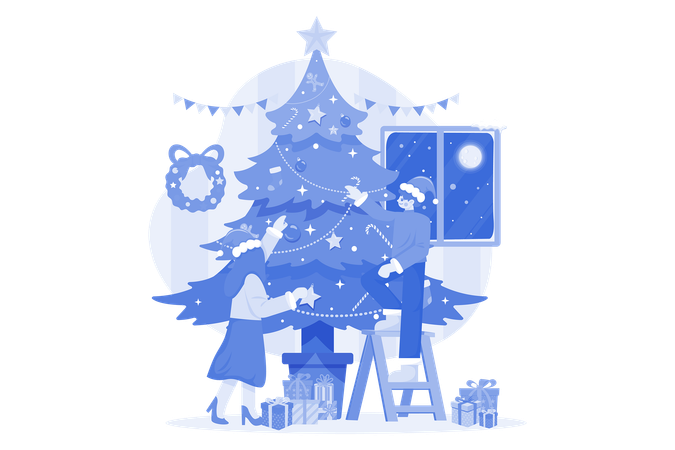 Man and woman doing Christmas tree decoration  Illustration