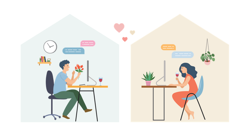 Man and woman doing online dating  イラスト