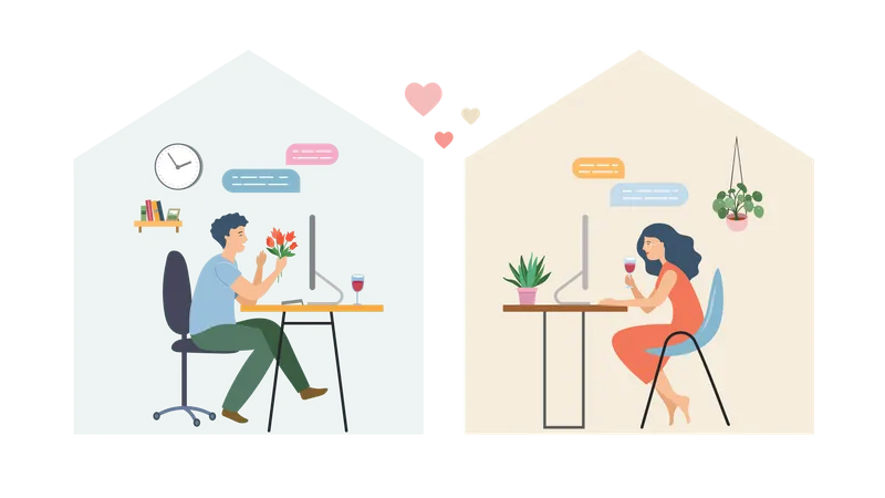 Man and woman doing online dating Illustration