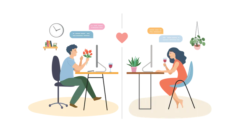 Man and woman doing online dating Illustration