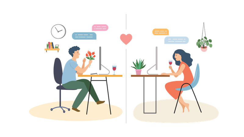 Man and woman doing online dating  Illustration