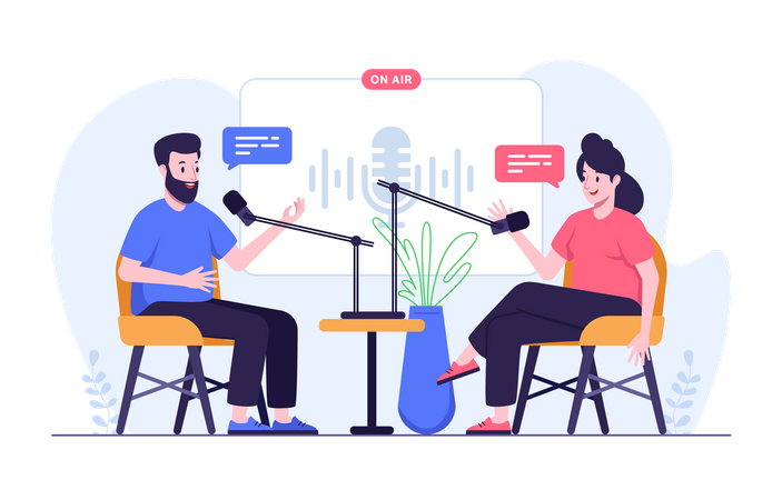 Man and woman doing podcast audio interview  Illustration