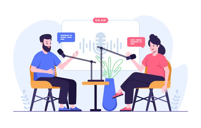 Illustration Of Man And Woman Doing Podcast Audio Interview Illustration