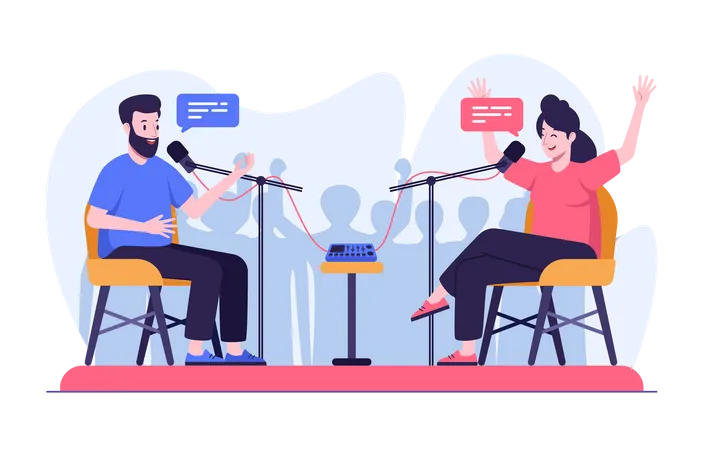 Man and woman doing podcast show  Illustration