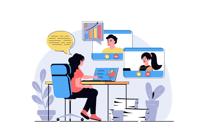 Man and woman doing work tasks at zoom  Illustration