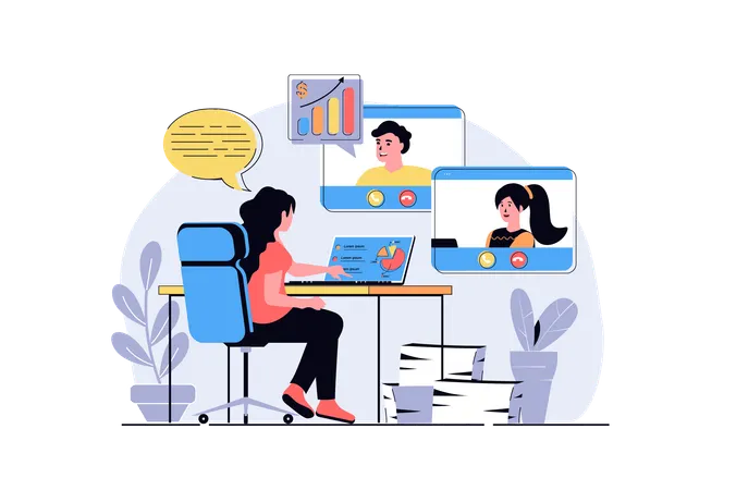 Man and woman doing work tasks at zoom  Illustration