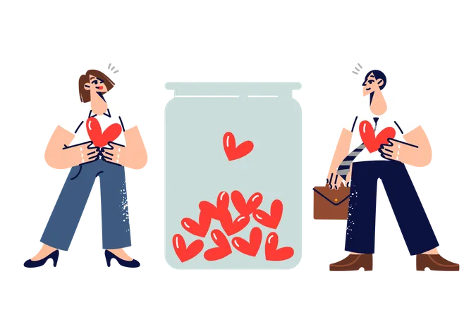 Man And Woman Act As Donors Collecting Blood Or Plasma For People In Need Standing Near Jar With Hearts Two Donors Or Volunteers From Charity Organization Doing Good Deeds To Help Disaster Victims Illustration