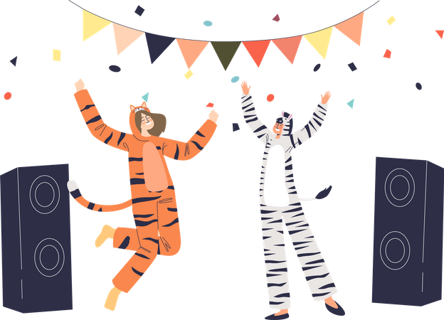 Man and woman dressed in tiger and zebra dance on overnight party Illustration