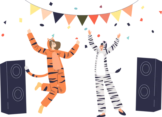 Joyful Man And Woman Dressed In Tiger And Zebra Kigurumi Jumpsuit Dance On Pajama Overnight Party Cozy Friends Gathering At Home Cartoon Flat Vector Illustration イラスト