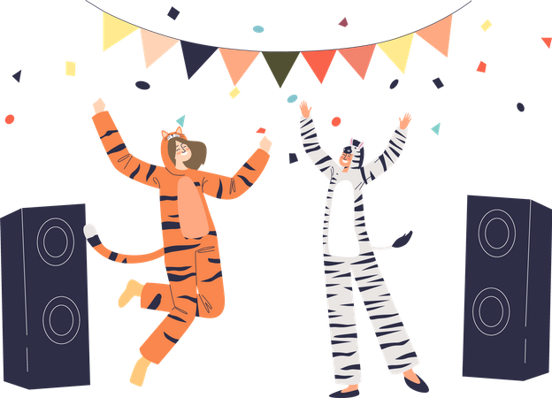 Man and woman dressed in tiger and zebra dance on overnight party  Illustration