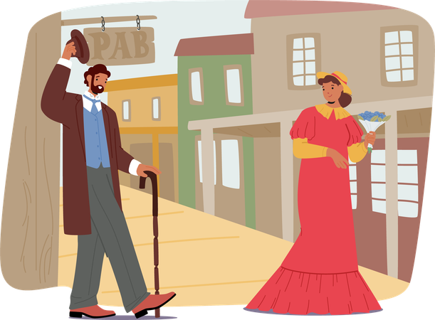 Man And Woman Dressed In Vintage Wild West Attire Walk Past Old Western Buildings  Illustration