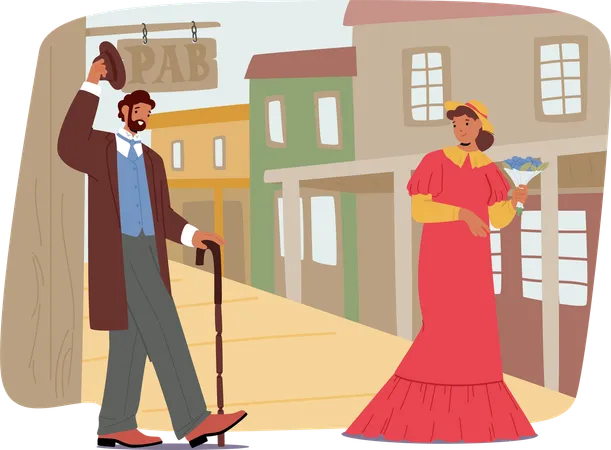 Man And Woman Dressed In Vintage Wild West Attire Walk Past Old Western Buildings  Illustration