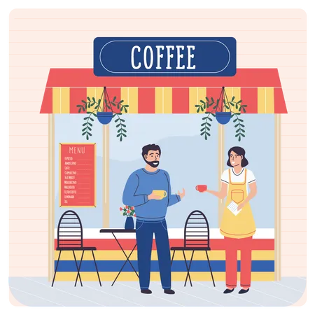 Man and woman drinking coffee at coffee shop  Illustration
