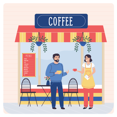 Man and woman drinking coffee at coffee shop  Illustration