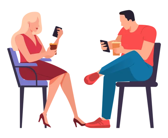 Man and woman drinking coffee while using mobile Illustration