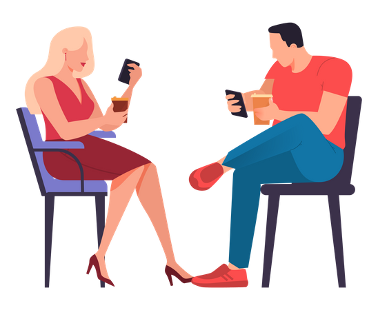 Man and woman drinking coffee while using mobile  Illustration