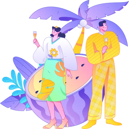 Man and woman drinking fruit juice  Illustration