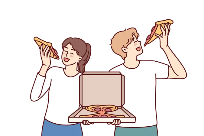 Man And Woman Eat Pizza Holding Box Of Italian Snacks And Satisfying Hunger Together With Fast Food Delivered From Restaurant Couple Ordering Pizza In Pizzeria Having Lunch With Pleasure Illustration