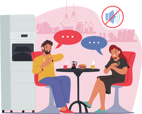 Man and Woman Engage In Conversation Using Sign Language While Sitting At Kitchen Table  Illustration