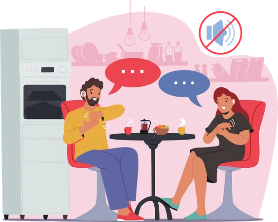 Man and Woman Engage In Conversation Using Sign Language While Sitting At Kitchen Table  Illustration