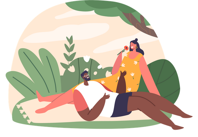 Man And Woman Enjoy Serene Weekend At Park  イラスト