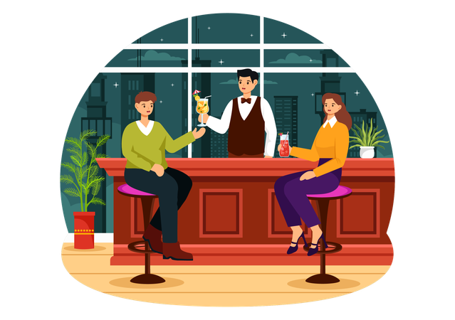 Man and woman enjoying drink at Cocktail bar  Illustration