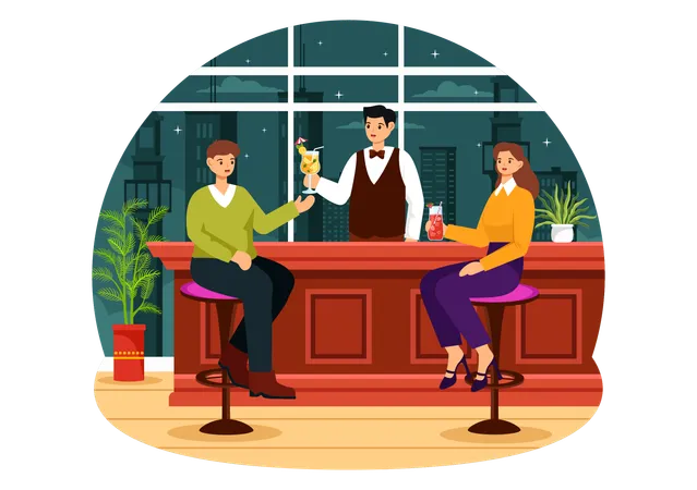Man and woman enjoying drink at Cocktail bar  Illustration
