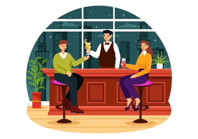 Man and woman enjoying drink at Cocktail bar  Illustration