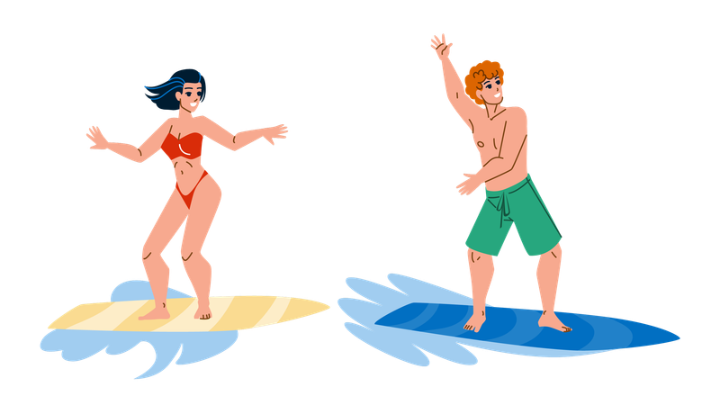 Man And Woman enjoying Surfing on ocean  일러스트레이션