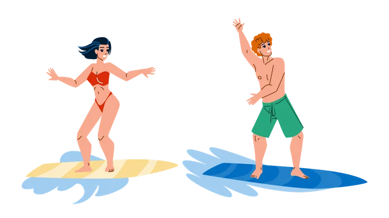 Surfing Young Man And Woman Togetherness Vector Happy Boy And Girl Surfers Surfing On Ocean Waves Characters Enjoying And Exercising Extremal Sport On Surfboard Flat Cartoon Illustration Illustration