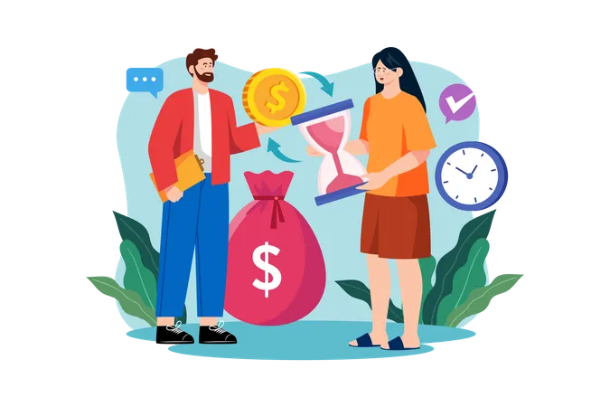 Man and woman exchange money for time  Illustration