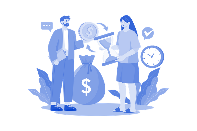 Man And Woman Exchange Money For Time  Illustration