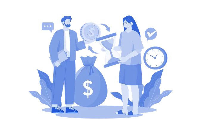 Man And Woman Exchange Money For Time  Illustration