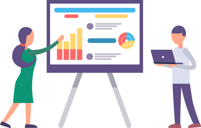 Man and Woman Explore Business Analytics Charts  Illustration