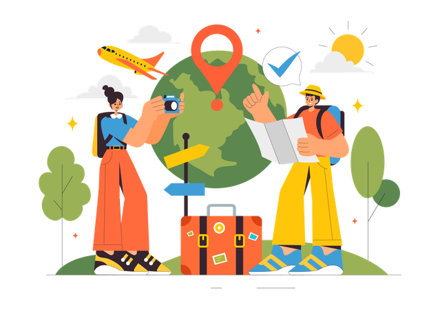 Man and woman finding travel location  Illustration