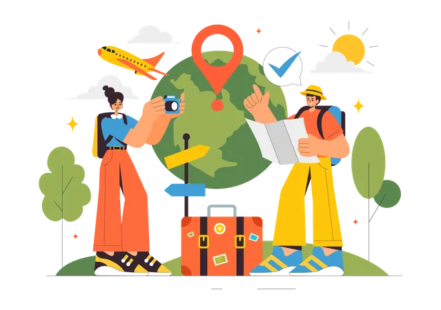 Man and woman finding travel location  Illustration