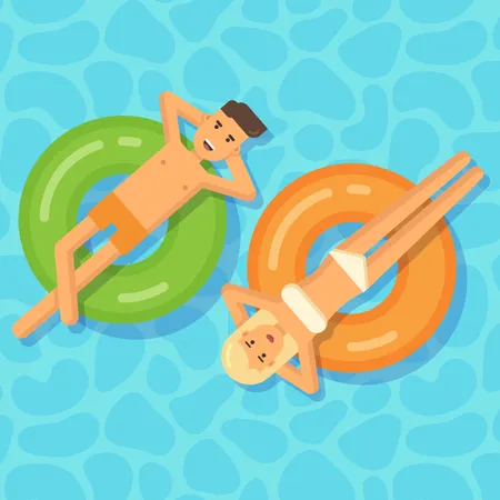 Man and woman floating on inflatable circles in a swimming pool  Illustration