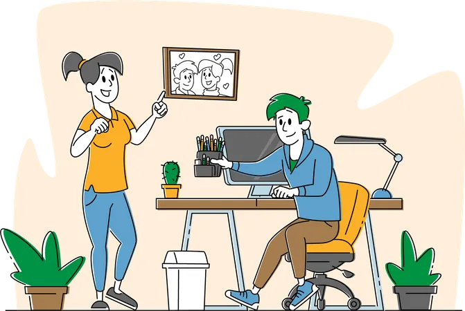 Remote Freelance Homeworking Domestic Work Place Self Employment Man And Woman Freelancers At Home Working Distant On Computer Characters Work On Isolation Linear People Vector Illustration Illustration